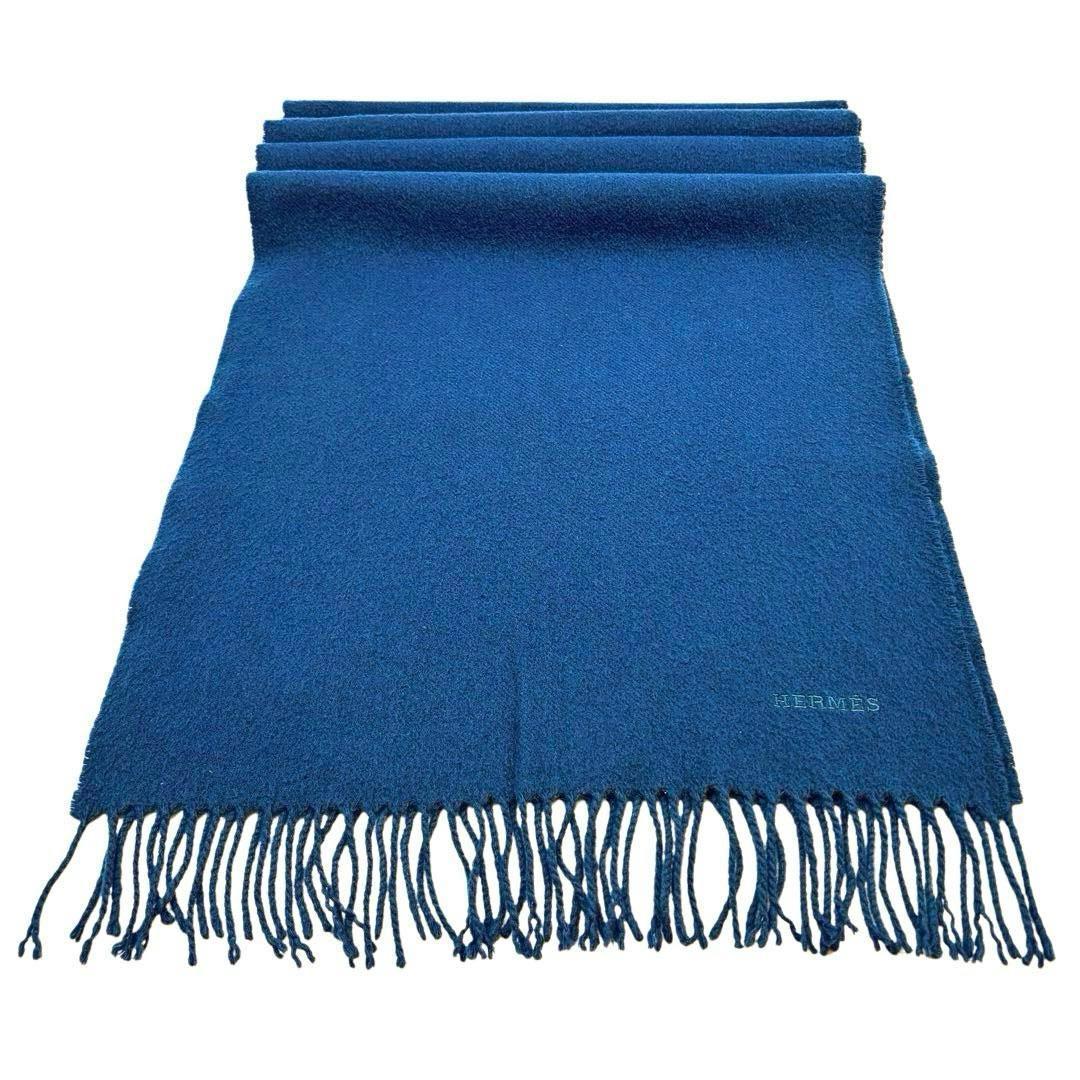 【美品】エルメス マフラー レクトヴェルソ カシミヤ100% ブルー系 1M35