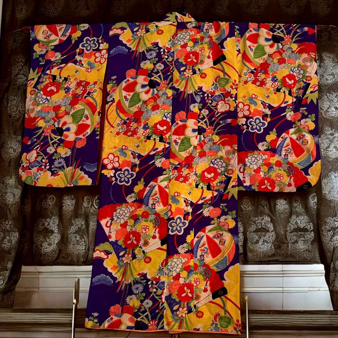 大正ロマン レトロモダン 豪華絢爛 七五三 アンティーク着物 紫地花扇 正絹
