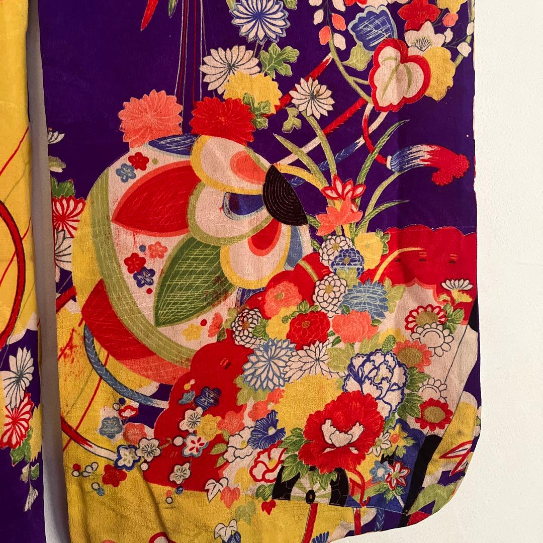 大正ロマン レトロモダン 豪華絢爛 七五三 アンティーク着物 紫地花扇 正絹