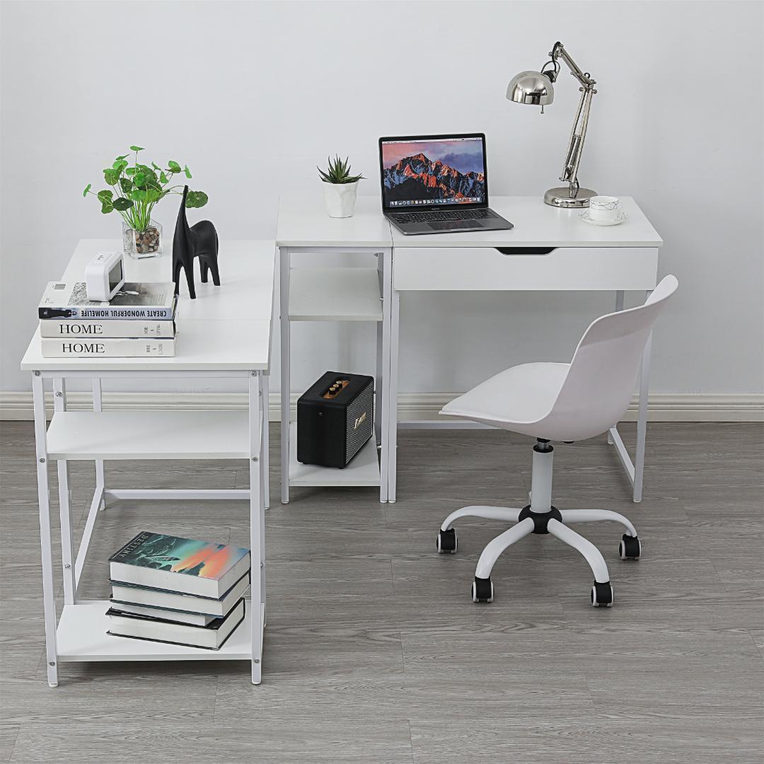 【人気商品】【ホワイト】パソコンデスク引き出し付き収納ラック付き木製書斎机学習机