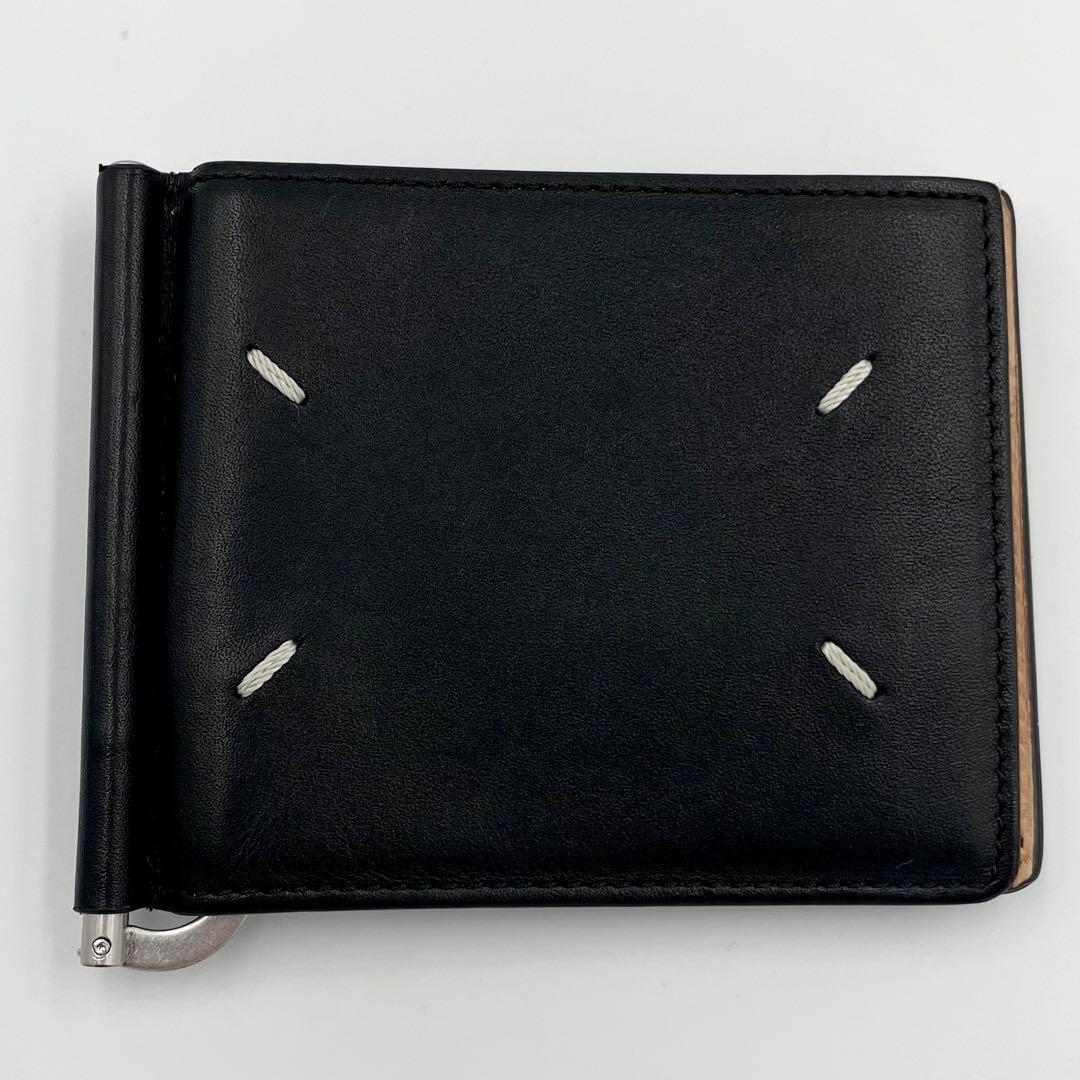 鑑定済・良品★メゾンマルジェラ　レザー　マネークリップ　ブラック×ベージュ　箱