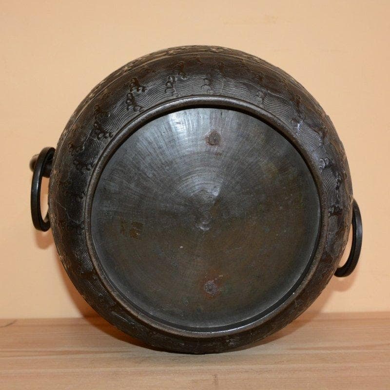 唐銅繰口水指　蕨波地紋　西村道也造　極：十三代宮崎寒雉　茶道具　古物　送料無料