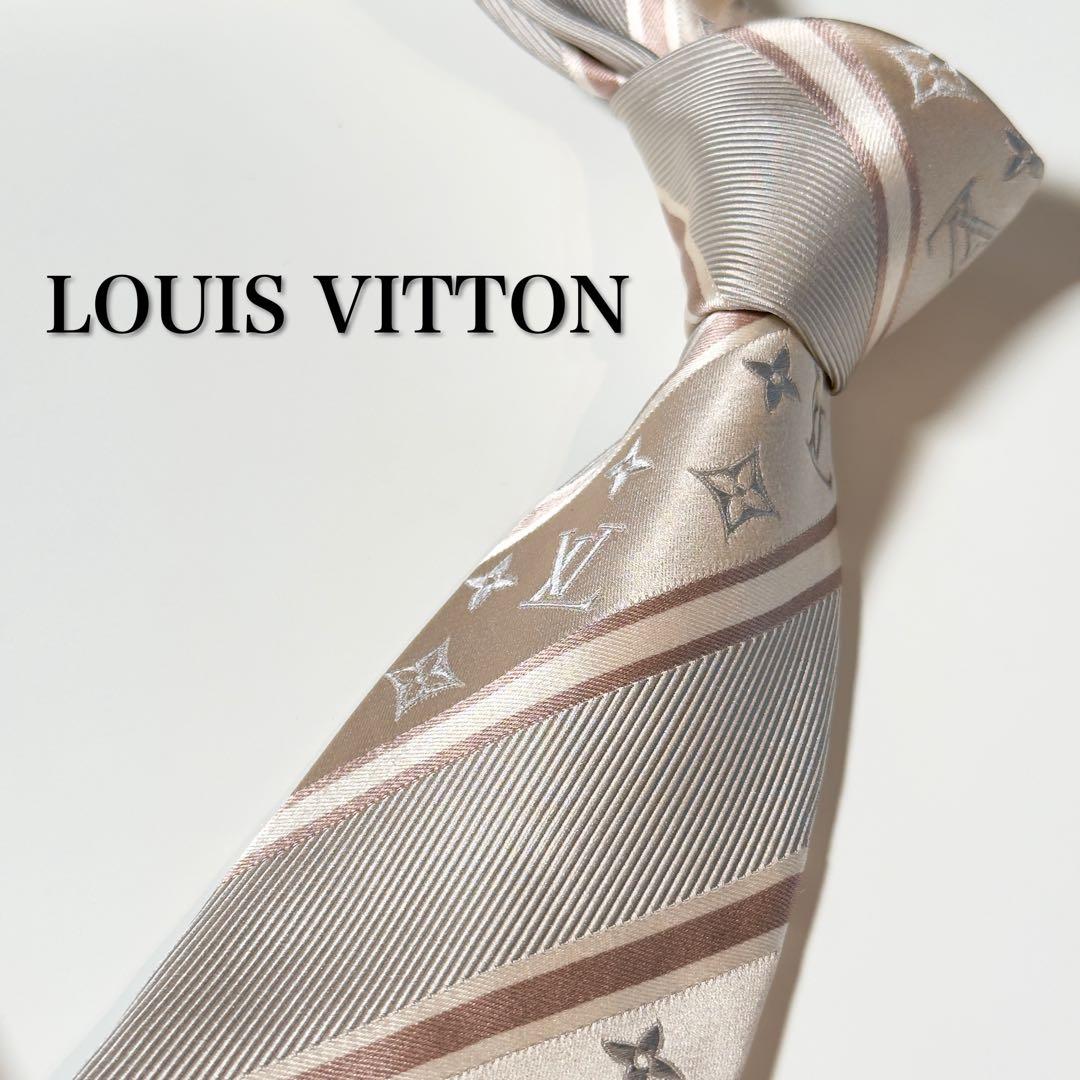 【美品】 ルイヴィトン モノグラム ストライプ柄 ゴールド系 ネクタイ