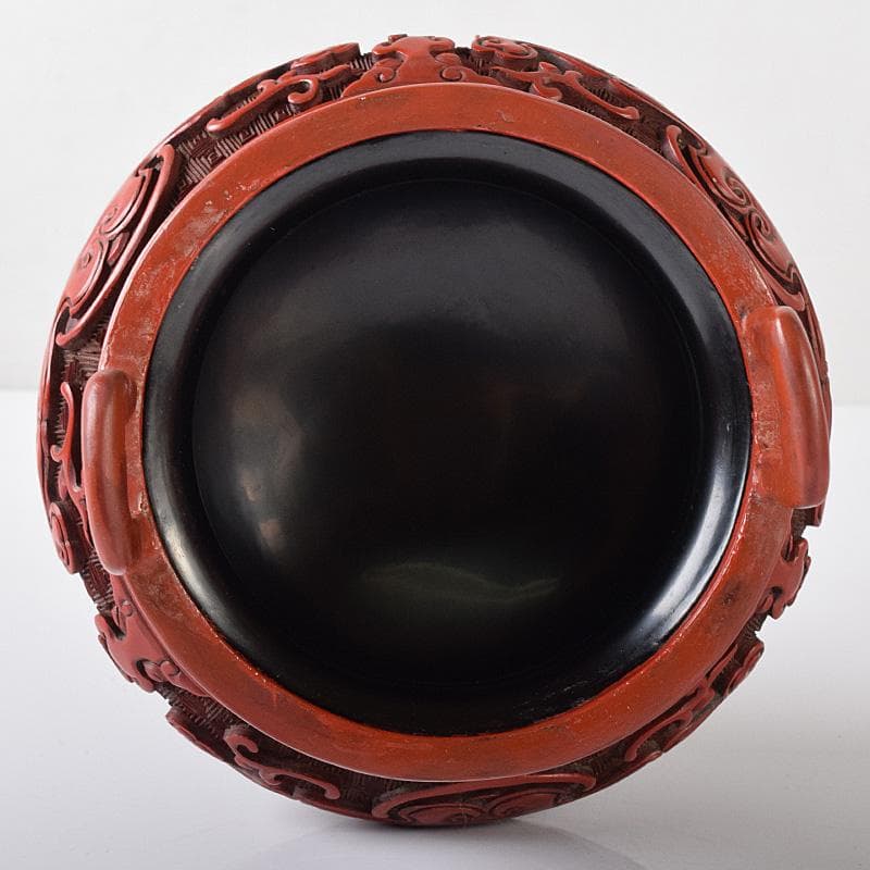 中国　剔紅　堆朱　神獣彫　香炉　唐木台付　D　R8251