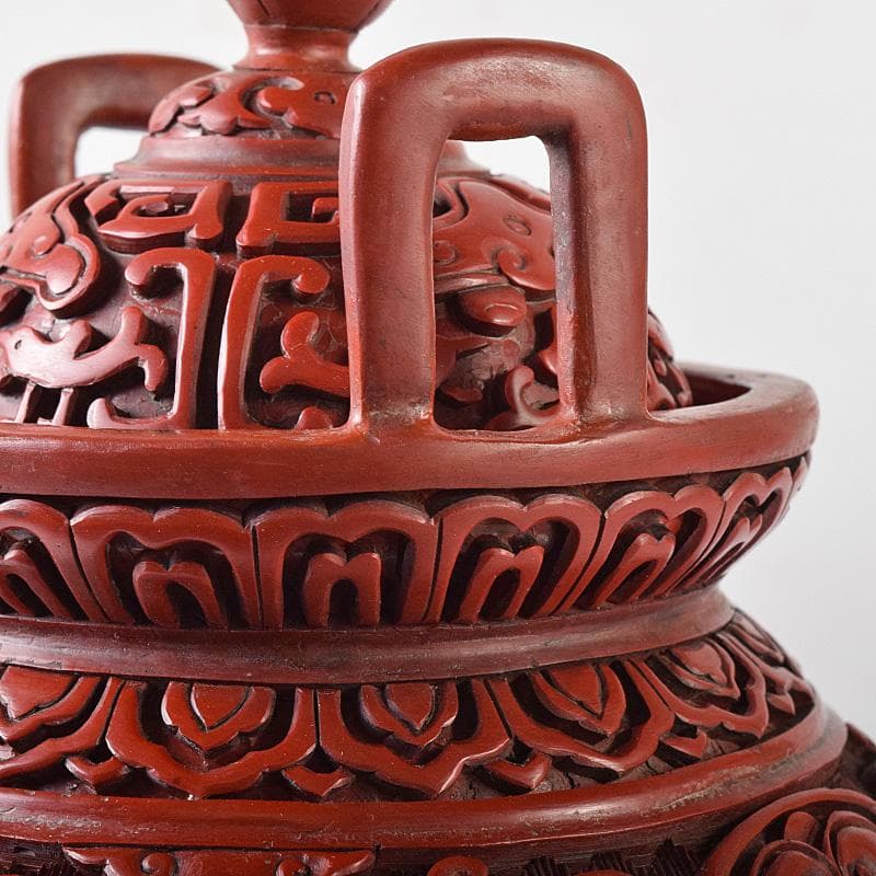 中国　剔紅　堆朱　神獣彫　香炉　唐木台付　D　R8251
