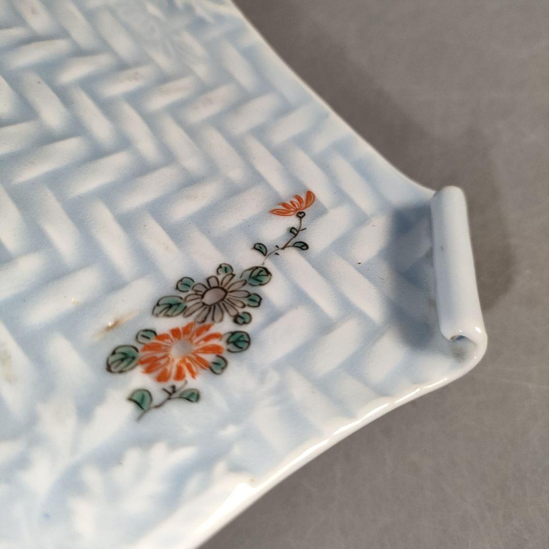 A1283-3/古伊万里焼/青地アジロ錦菊梅絵四方巻五寸皿8客/懐石道具/