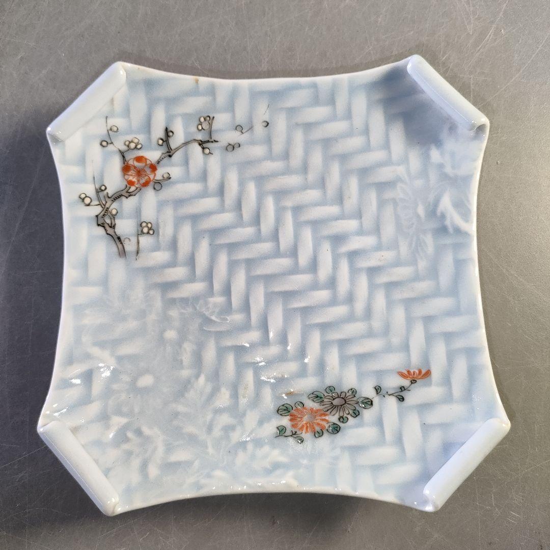 A1283-3/古伊万里焼/青地アジロ錦菊梅絵四方巻五寸皿8客/懐石道具/