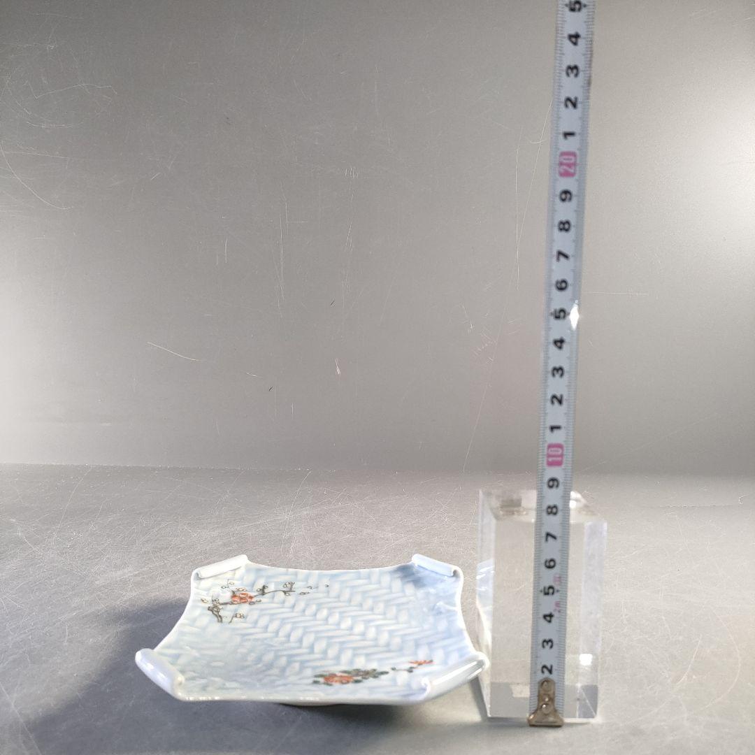 A1283-3/古伊万里焼/青地アジロ錦菊梅絵四方巻五寸皿8客/懐石道具/