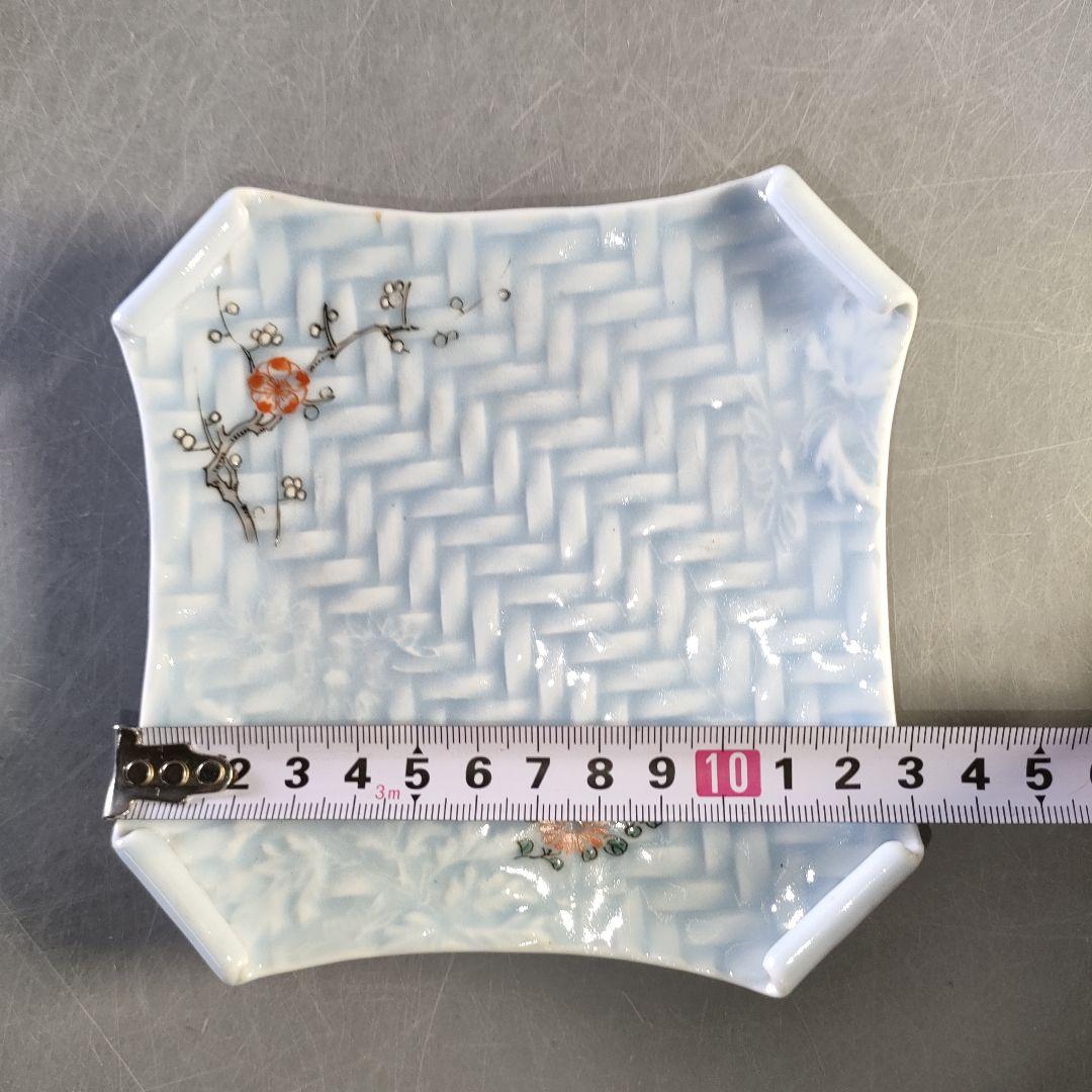 A1283-3/古伊万里焼/青地アジロ錦菊梅絵四方巻五寸皿8客/懐石道具/