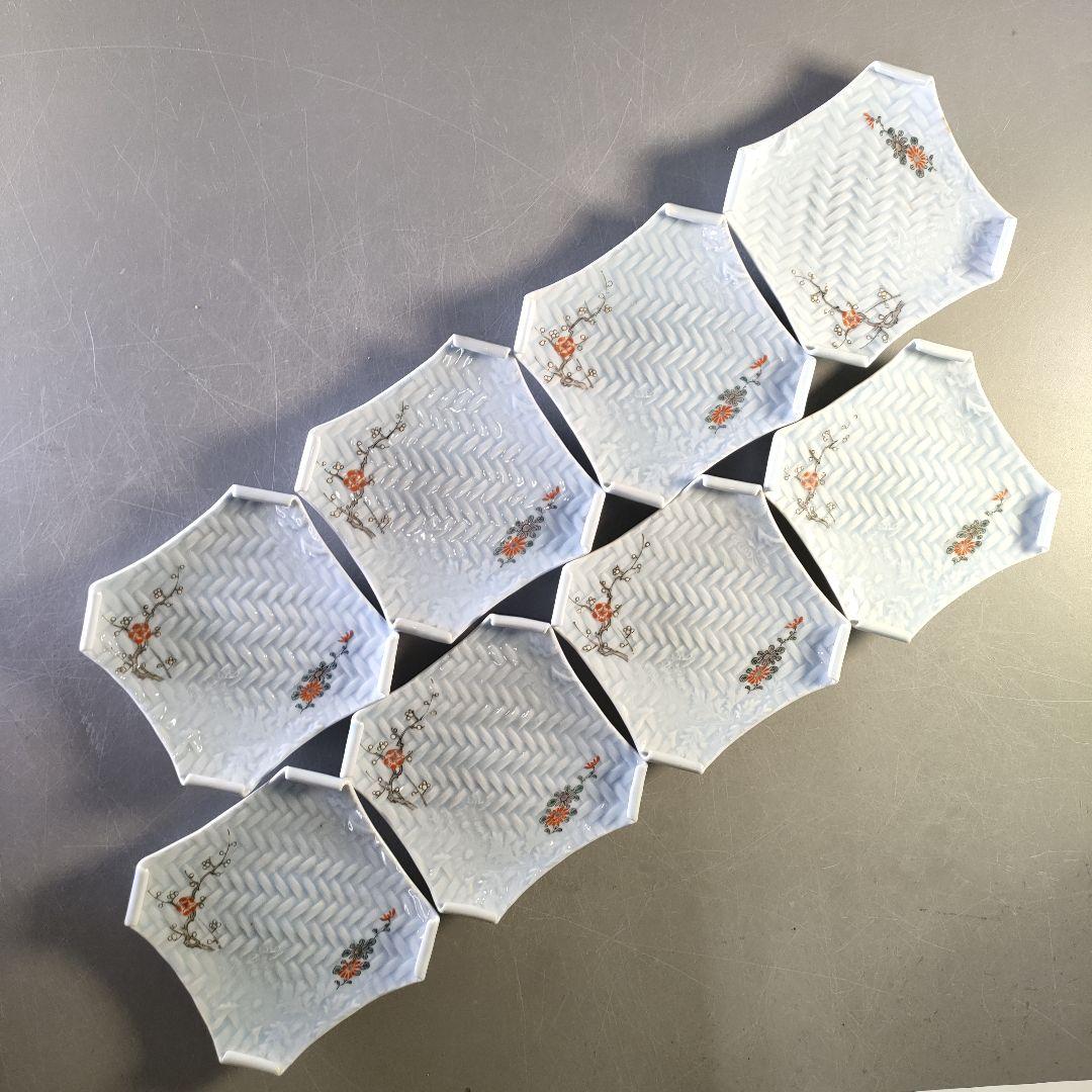 A1283-3/古伊万里焼/青地アジロ錦菊梅絵四方巻五寸皿8客/懐石道具/