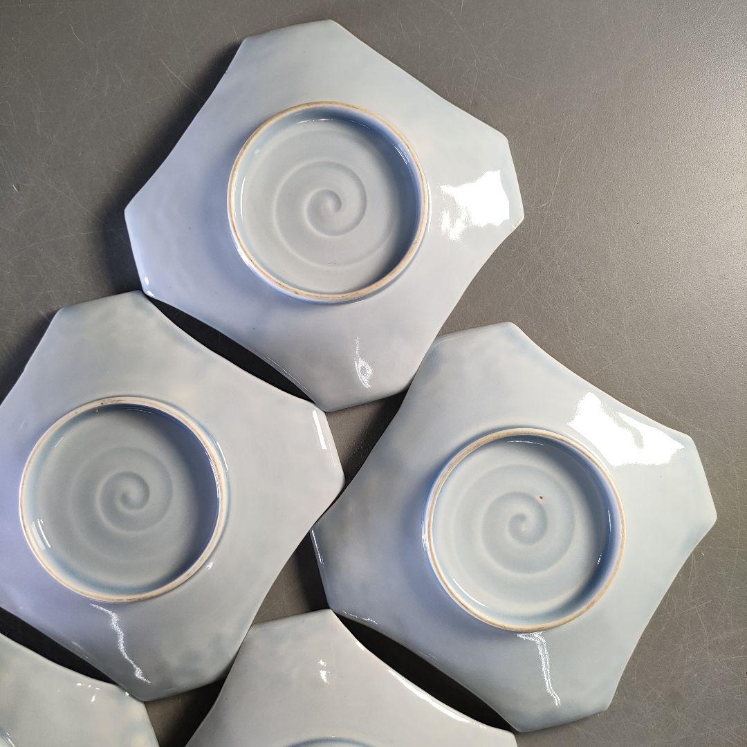 A1283-3/古伊万里焼/青地アジロ錦菊梅絵四方巻五寸皿8客/懐石道具/