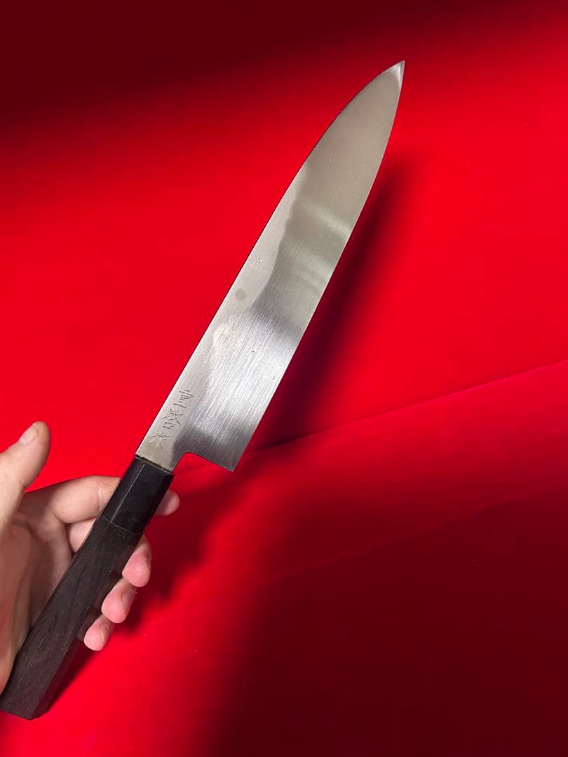 01442 包丁　牛刀　重啓作　本焼　富士山満月波紋　白鋼　箱付　未使用品