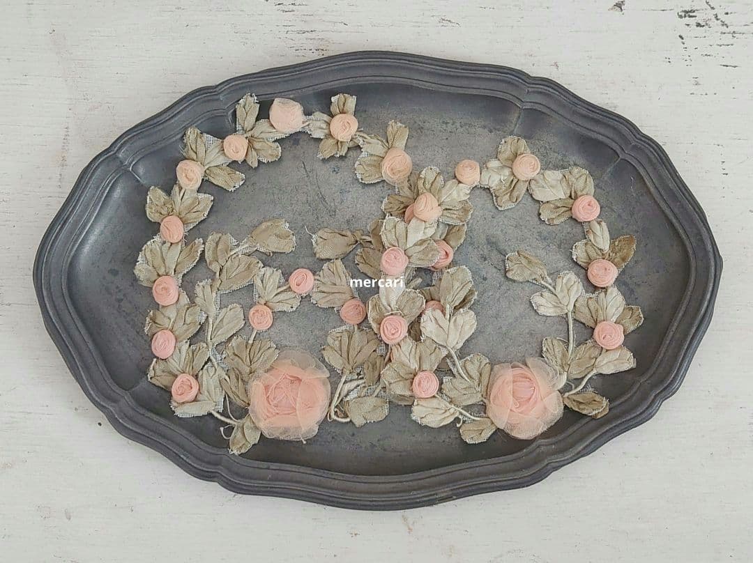 アンティーク シルク製 シルクシフォン 淡いピンクの薔薇 ロココモチーフ (大)