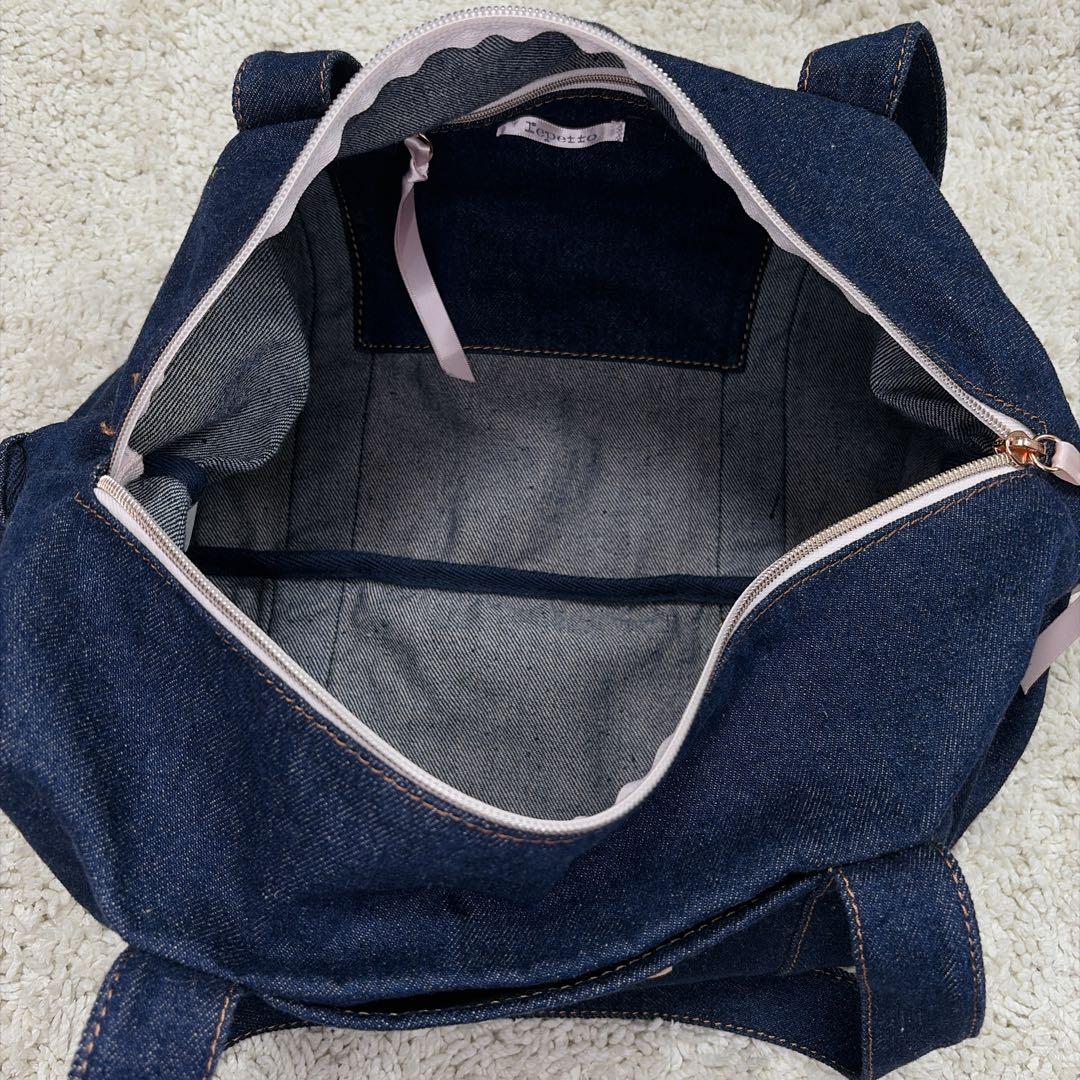 【美品】レペット サイドリボン ドラムバッグ (中) デニム ボストンバッグ M