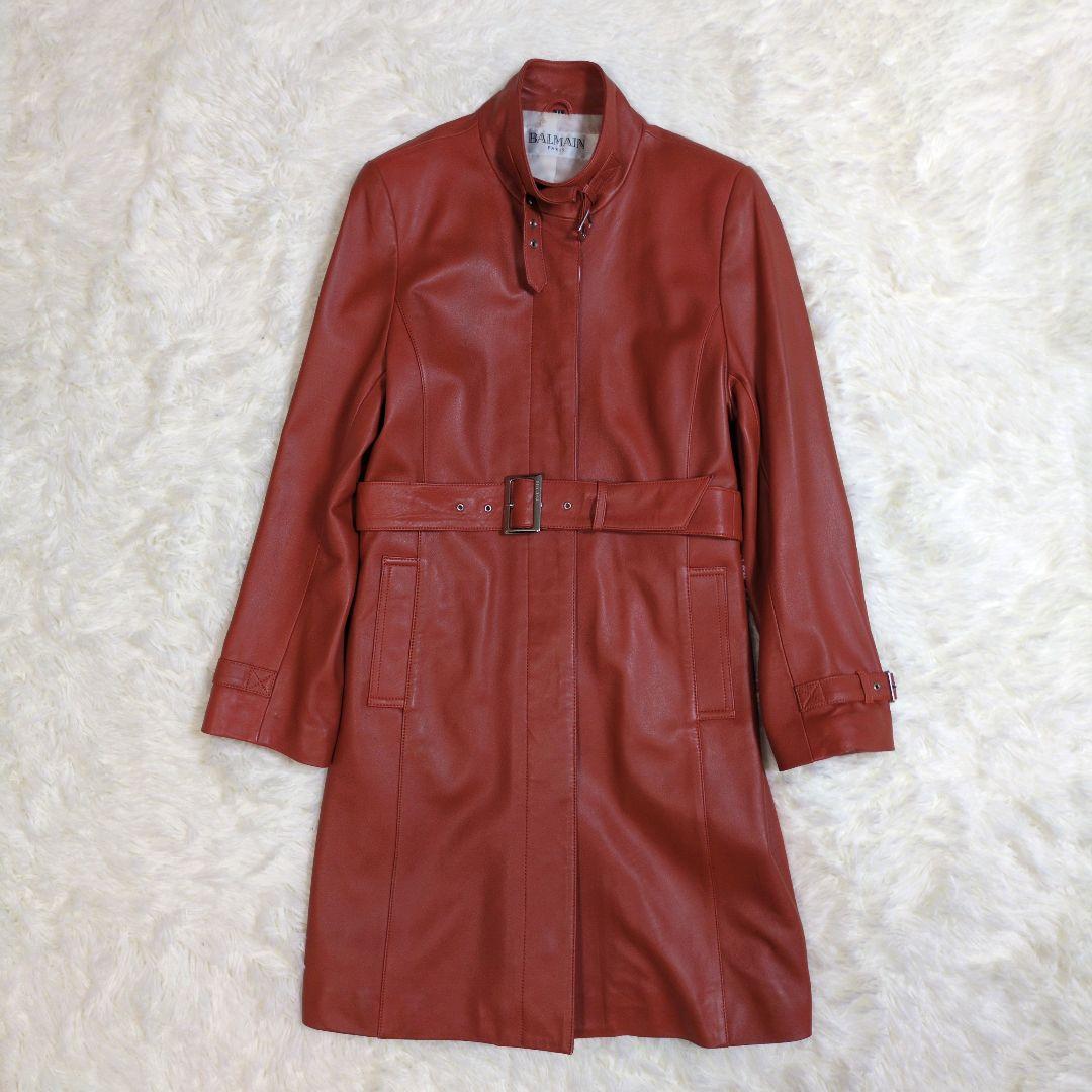高級　バルマン　羊革　ラムレザー　ロング　レザーコート　ベルト　バックル　ロゴ
