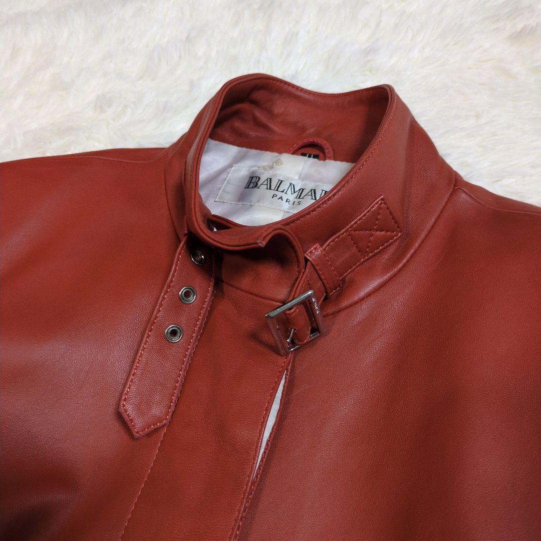 高級　バルマン　羊革　ラムレザー　ロング　レザーコート　ベルト　バックル　ロゴ