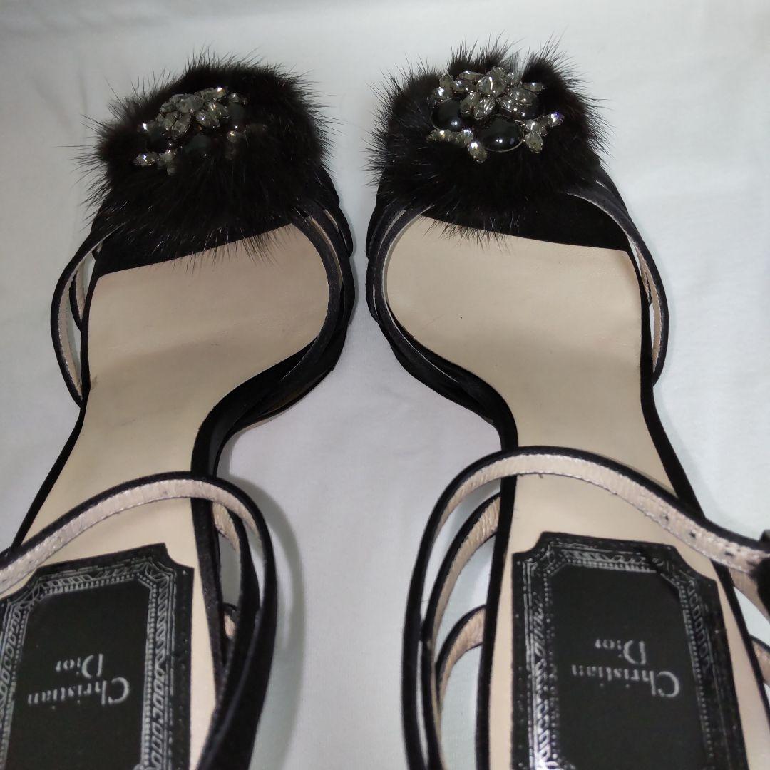 Christian Dior ハイヒール 黒 サテン ミンクファー飾り 35