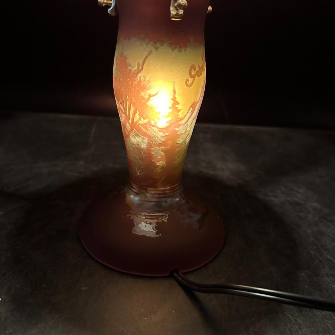 エミールガレ 2灯　山景文　台座真鍮　カメオ彫り　被せガラス　高さ32cm