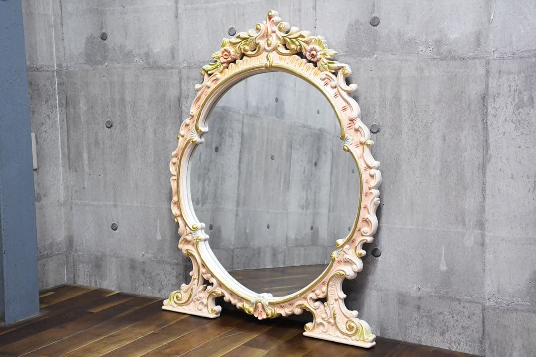 FAC58 ロココ調 猫脚 レリーフ ウォールミラー トールペイント クラック