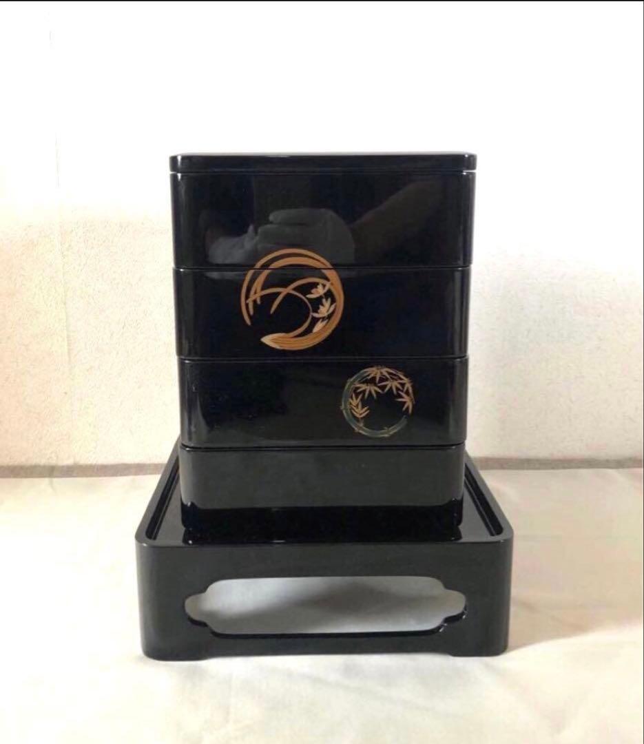 能登 輪島塗 花丸四君子蒔絵四段重箱 二枚蓋 重台付 漆器 重箱 未使用品