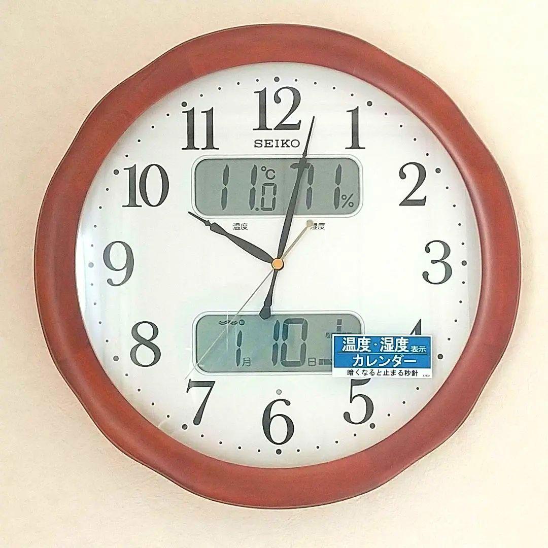 【アウトレット】SEIKO 電波時計 掛時計 木目 ブラウン 温度湿度カレンダー