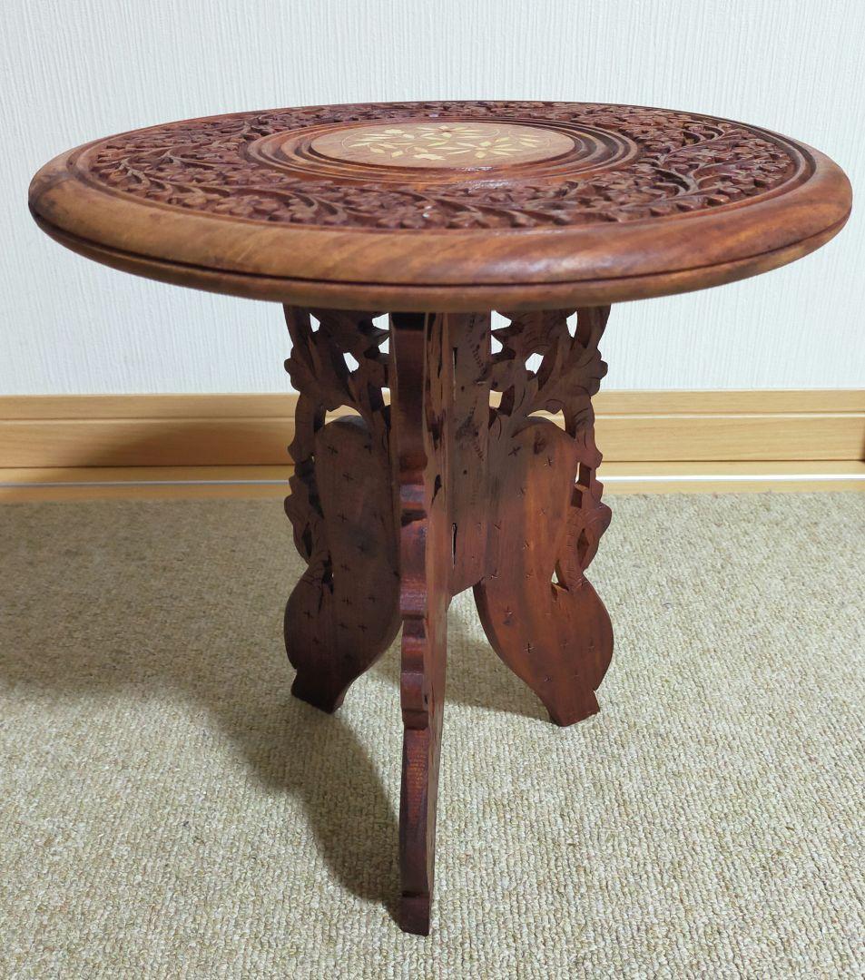 セール✨天然木　精細木彫り工芸品　折り畳みサイドテーブル　花台飾り台未使用保管品