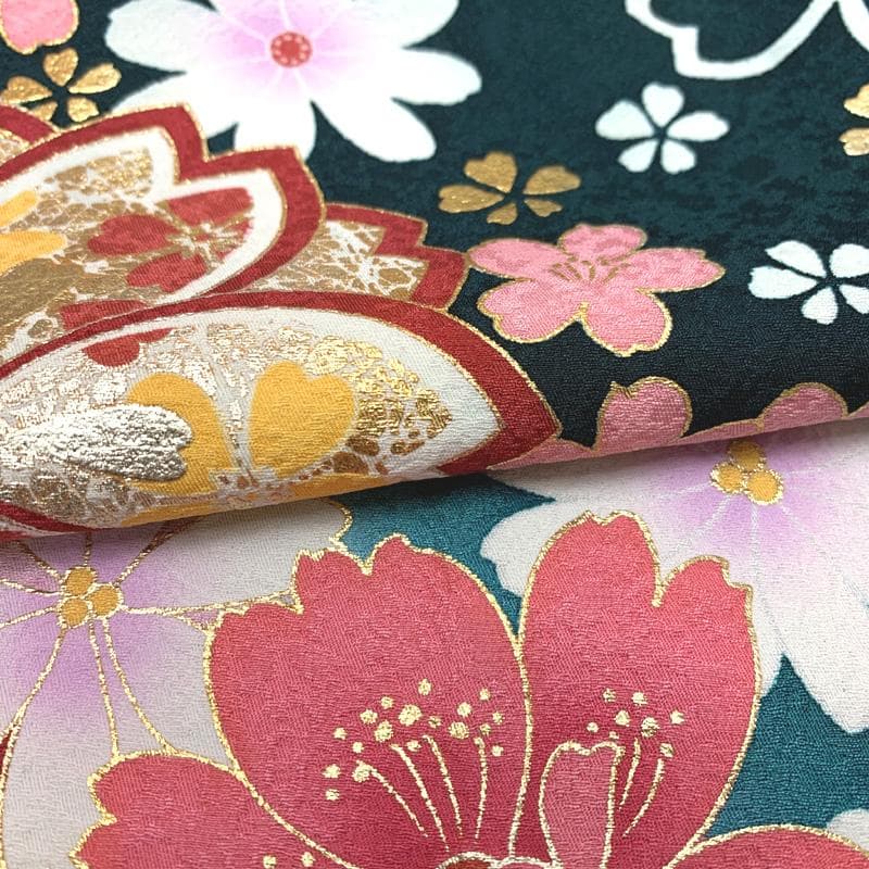 502z21.半衿〇京都きもの友禅 振袖 地紋 金彩 桜 花 緑〇美品 成人式