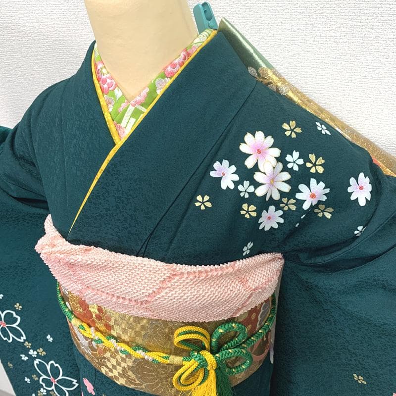 502z21.半衿〇京都きもの友禅 振袖 地紋 金彩 桜 花 緑〇美品 成人式