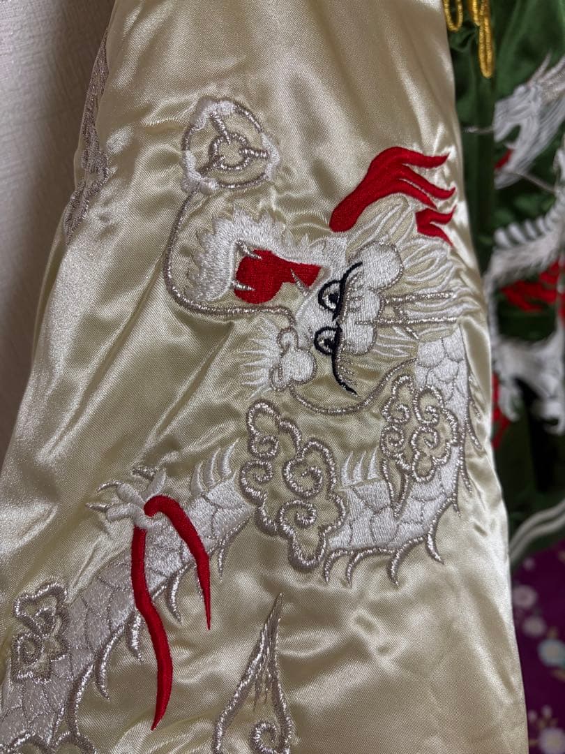 ヴィンテージ ドラゴン刺繍 緑クリーム スカジャン