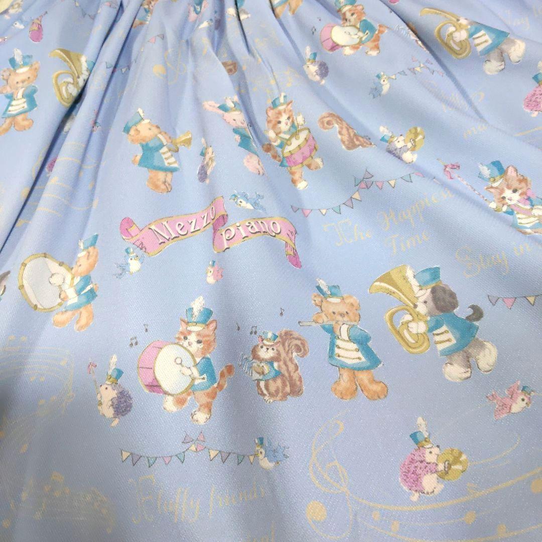 メゾピアノ120サイズ　鼓笛隊柄ドッキングワンピース　サックスブルー　長袖