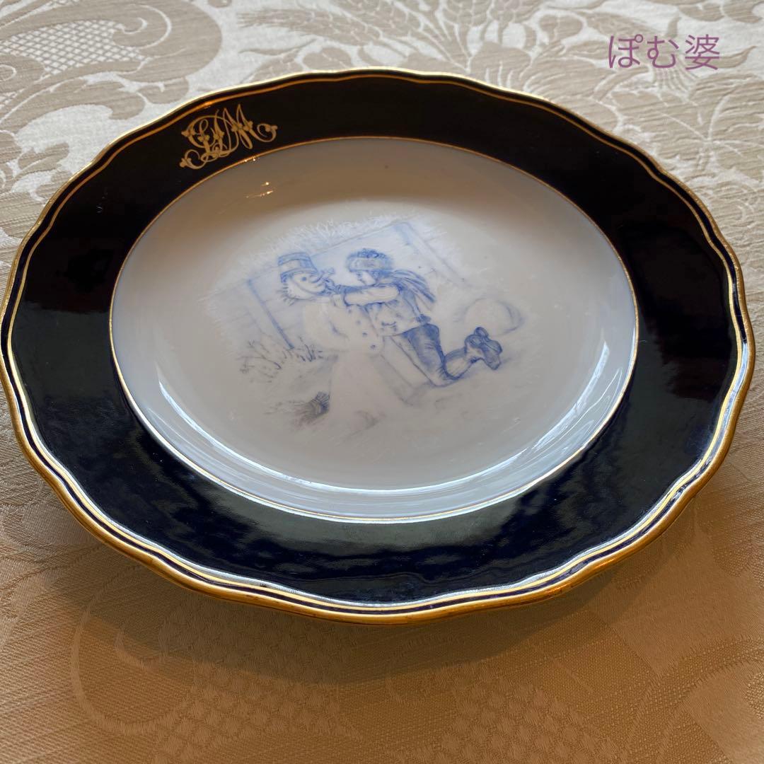 【古マイセン】コバルト金彩／プレート「子供のいる風景／白と青の世界」⑤