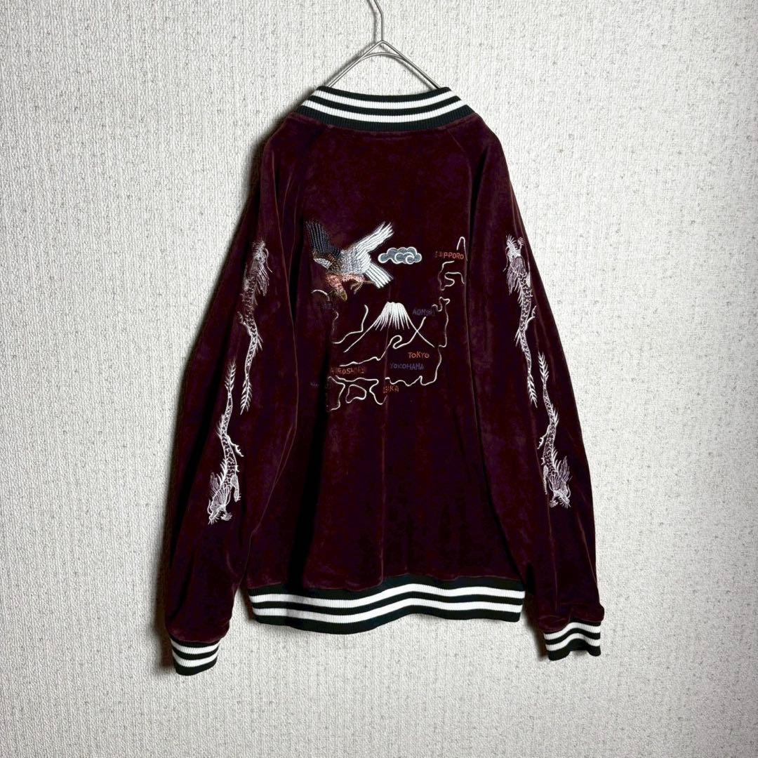 【別珍】スカジャン　ベロア　ジャケット　袖刺繍　日本地図　富士山　鷹　龍　L