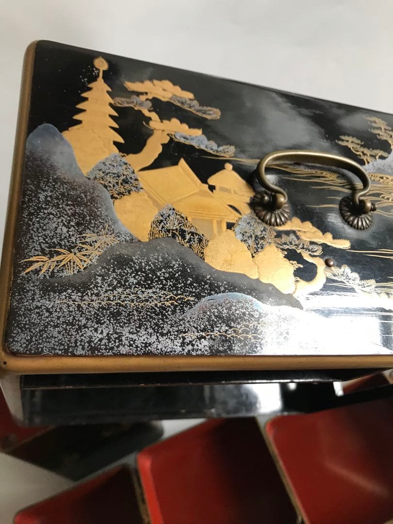 江戸 明治時代 骨董 漆器 金蒔絵　野弁当　重箱 風景花絵　黒塗内朱　天然木