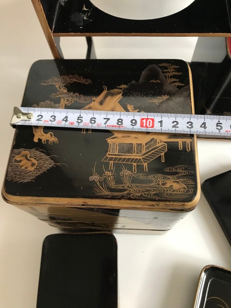 江戸 明治時代 骨董 漆器 金蒔絵　野弁当　重箱 風景花絵　黒塗内朱　天然木