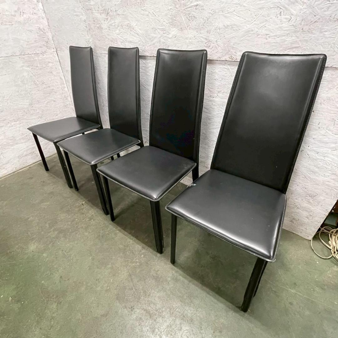 メーカー不明 合皮ブラックレザー ダイニングチェア 4脚セット Y1765