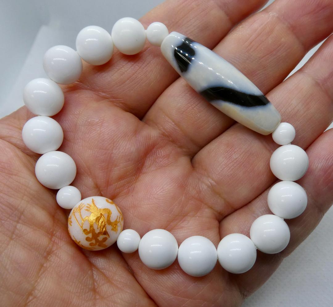 【巳年特価】白蛇天珠(白) 四神全部入り白珠 ホワイトオニキスのブレスレット