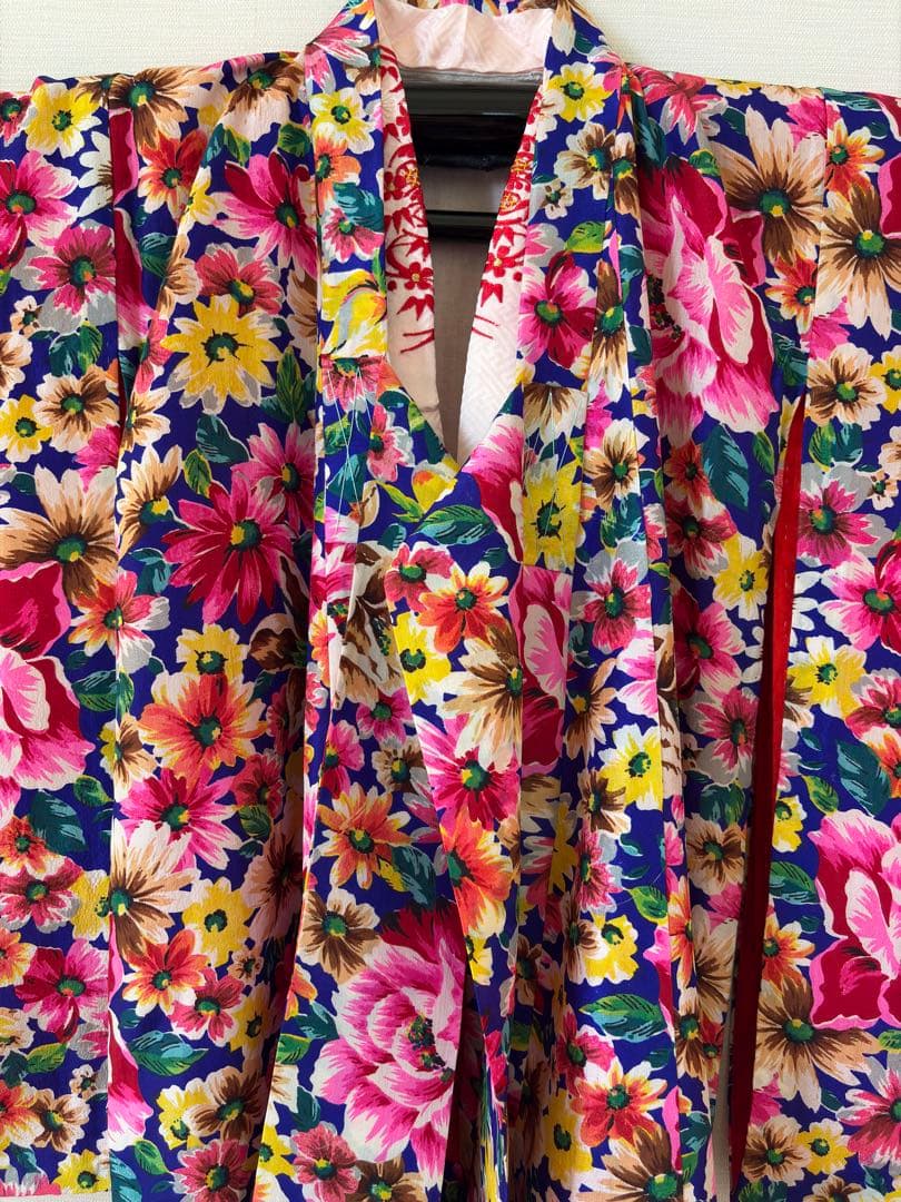 アンティーク　錦紗　子供着物　身丈92センチ　薔薇　ブルーベース