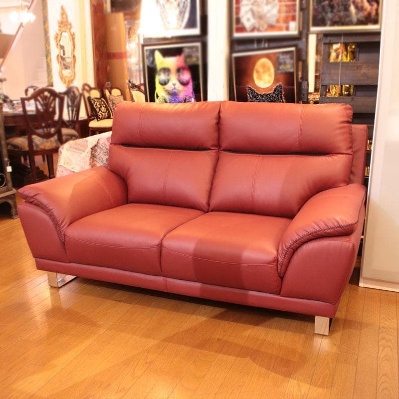 二人掛けソファ ダブルソファ 幅160cm エアレザー 赤 143-169