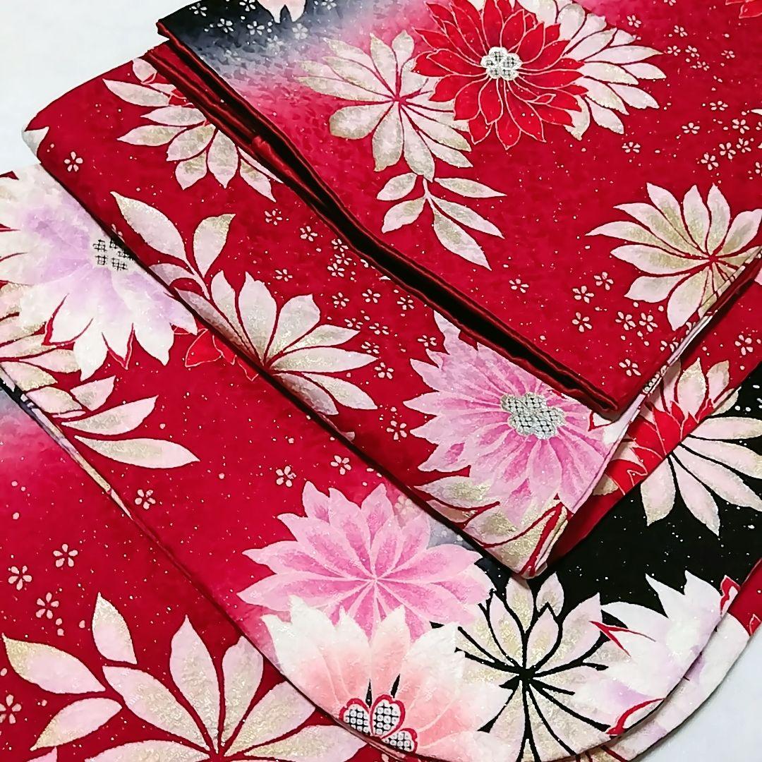 振袖 成人式 赤 袋帯 セット 黒 銀通し 縦ぼかし 裄丈67 裄67