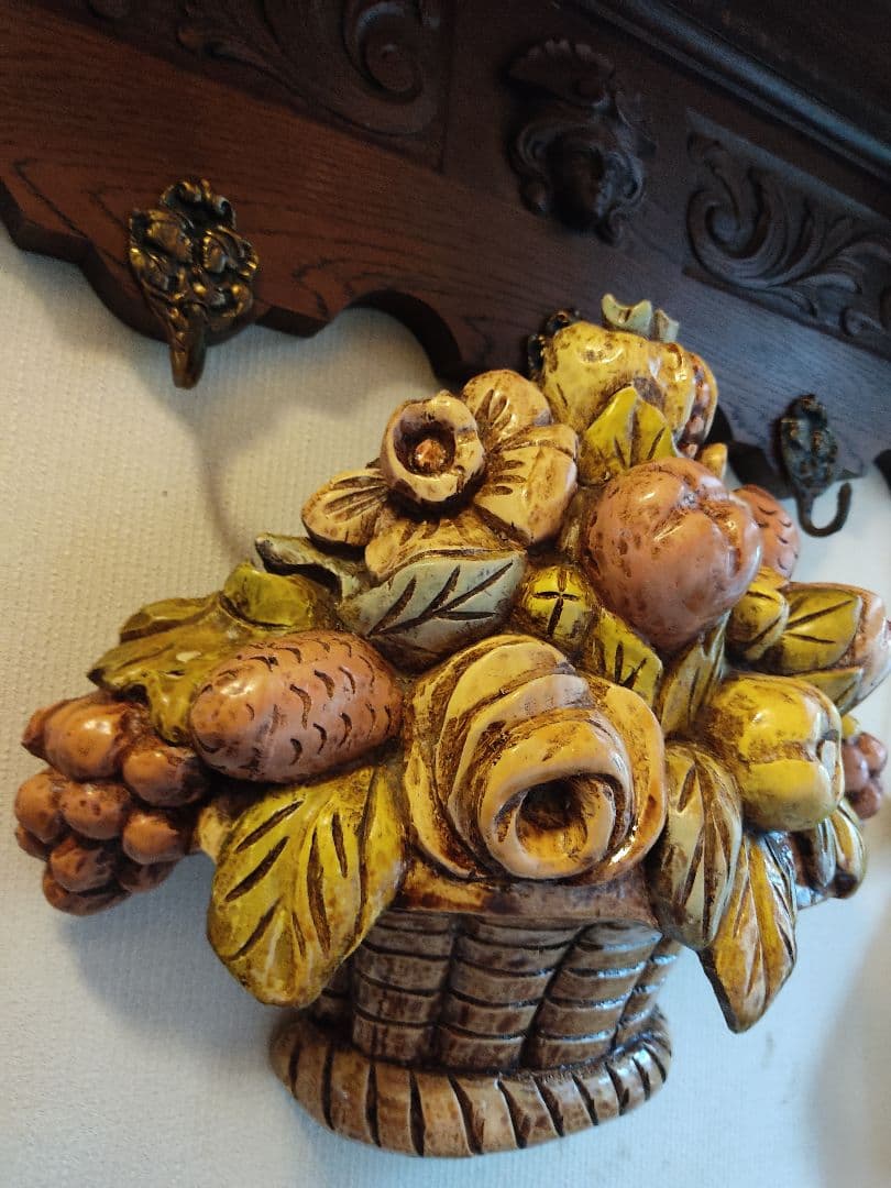 木製看板　木製　花籠　バスケット　籠　バーボラミラー 彫刻 壁掛け 果物 レア