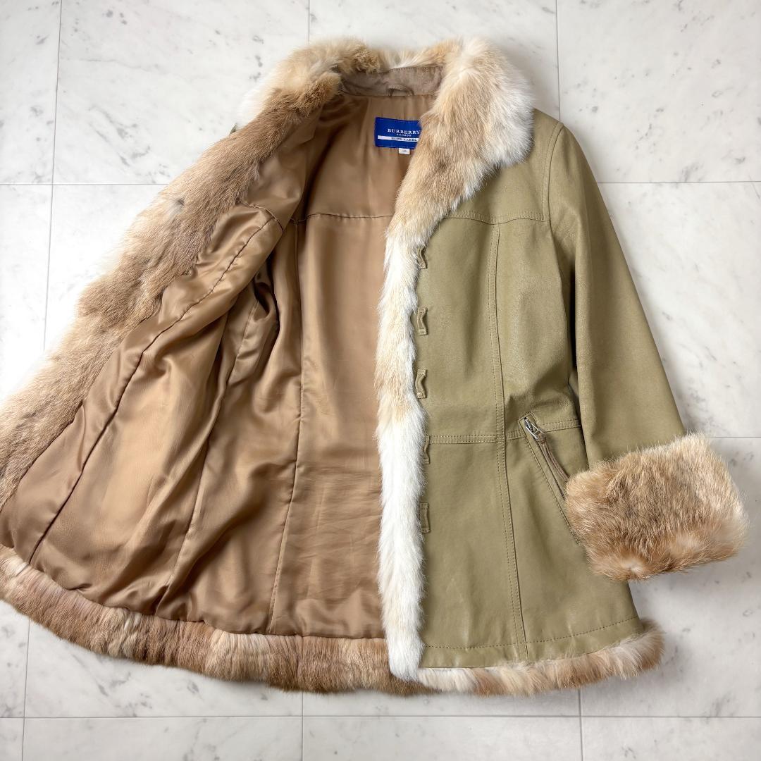 バーバリーブルーレーベル 38 レザー 本革 ファー 毛皮 ジャケット ベージュ
