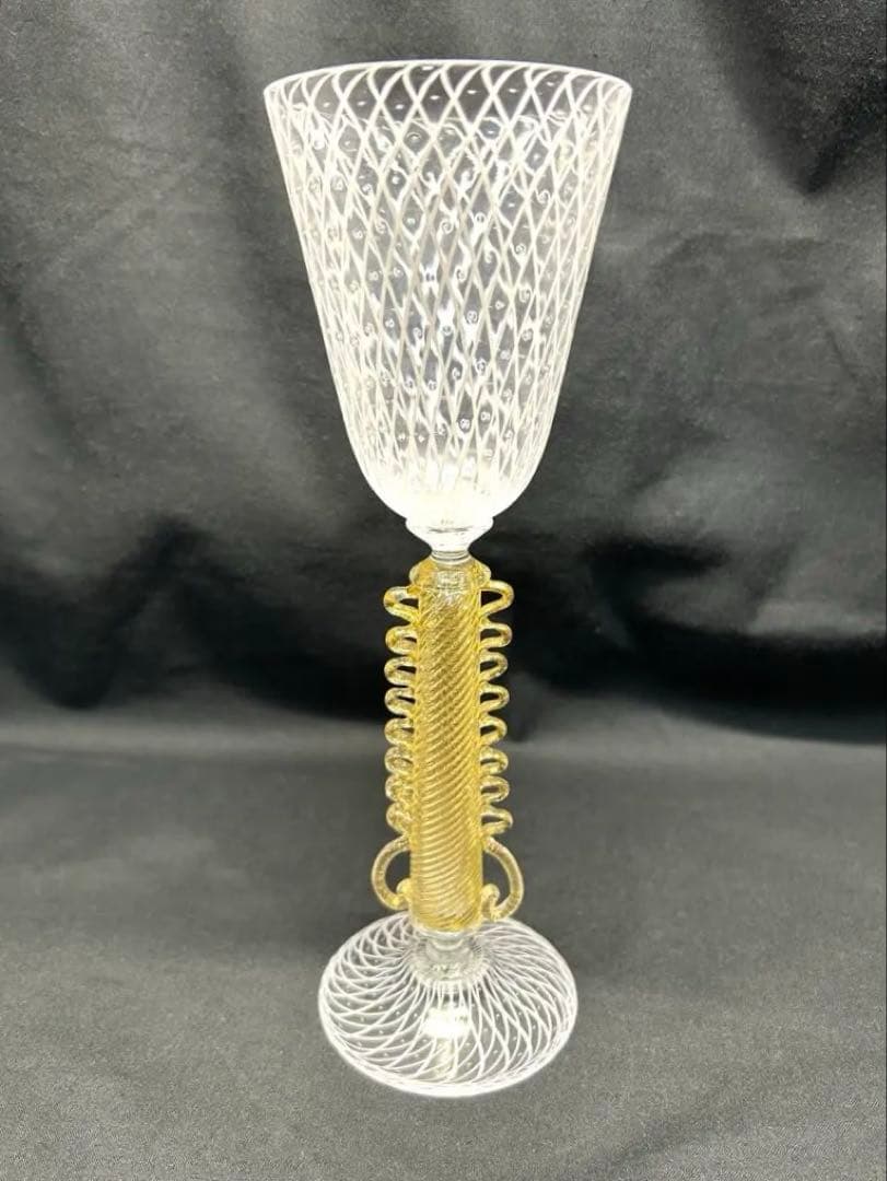 ベネチアングラスSeguso製ホワイト網目模様グラス　ヴィンテージ未使用品