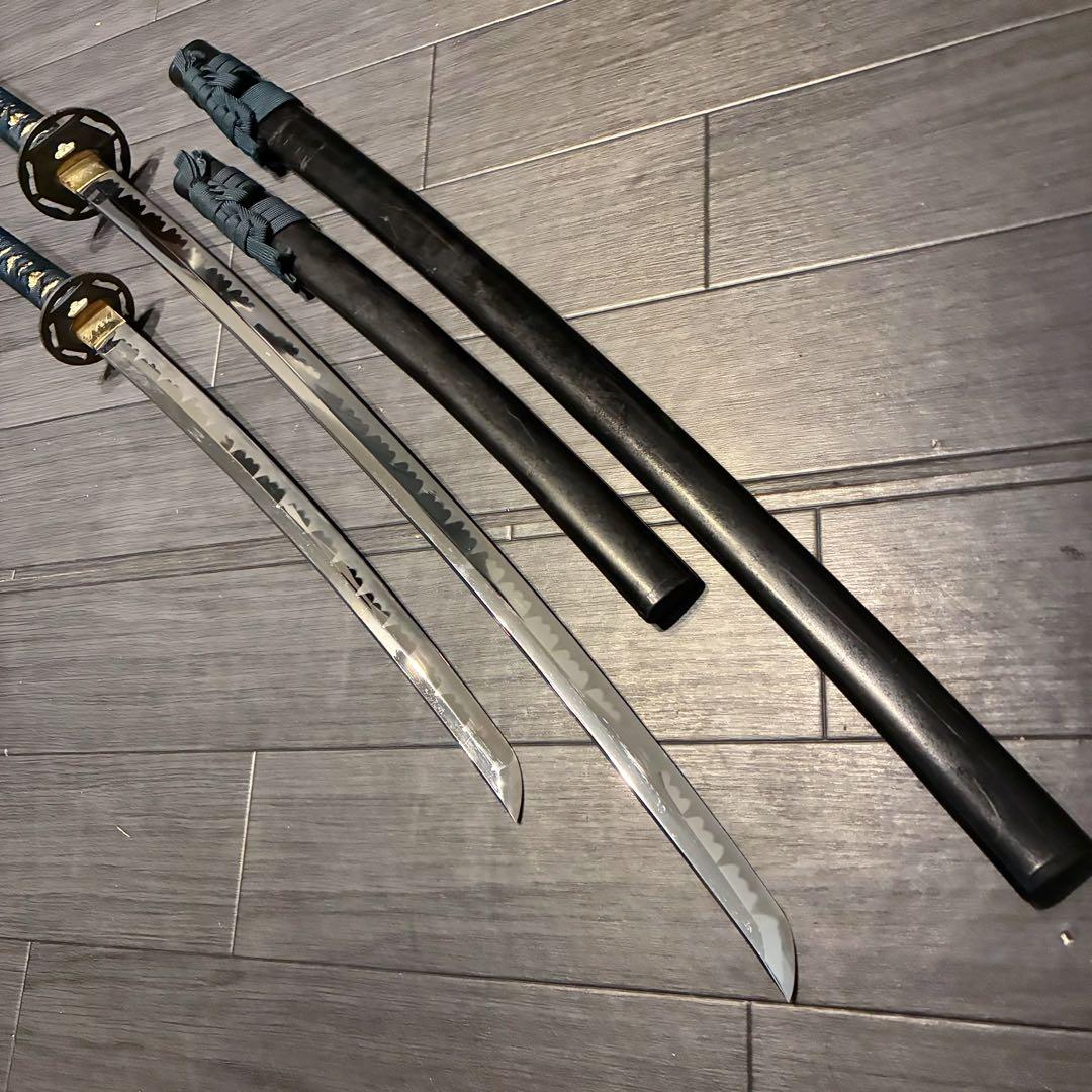 高級模造刀　金鍔　美術刀剣　太刀　脇差　大小セット　緑拵え　2本セット
