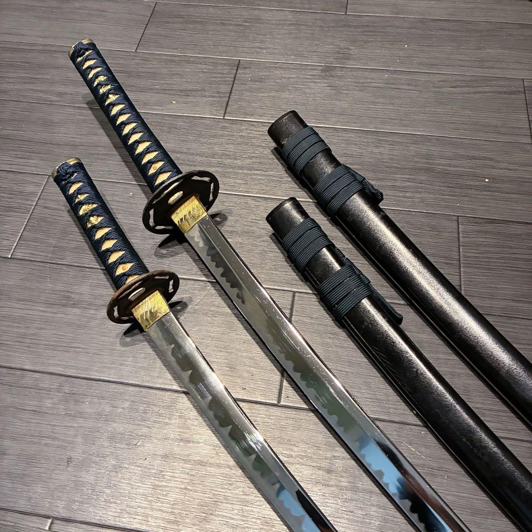 高級模造刀　金鍔　美術刀剣　太刀　脇差　大小セット　緑拵え　2本セット