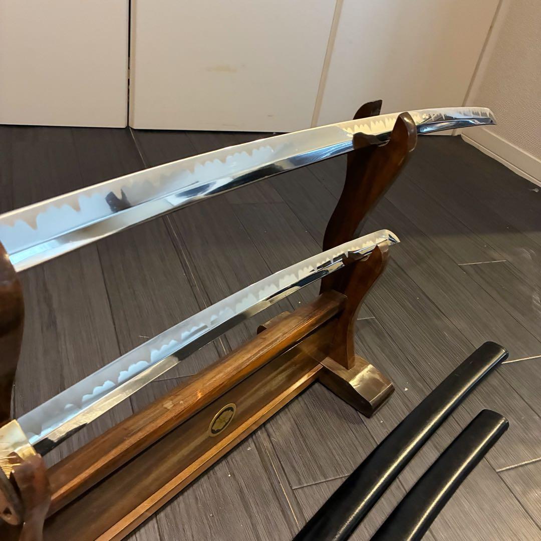 高級模造刀　金鍔　美術刀剣　太刀　脇差　大小セット　緑拵え　2本セット
