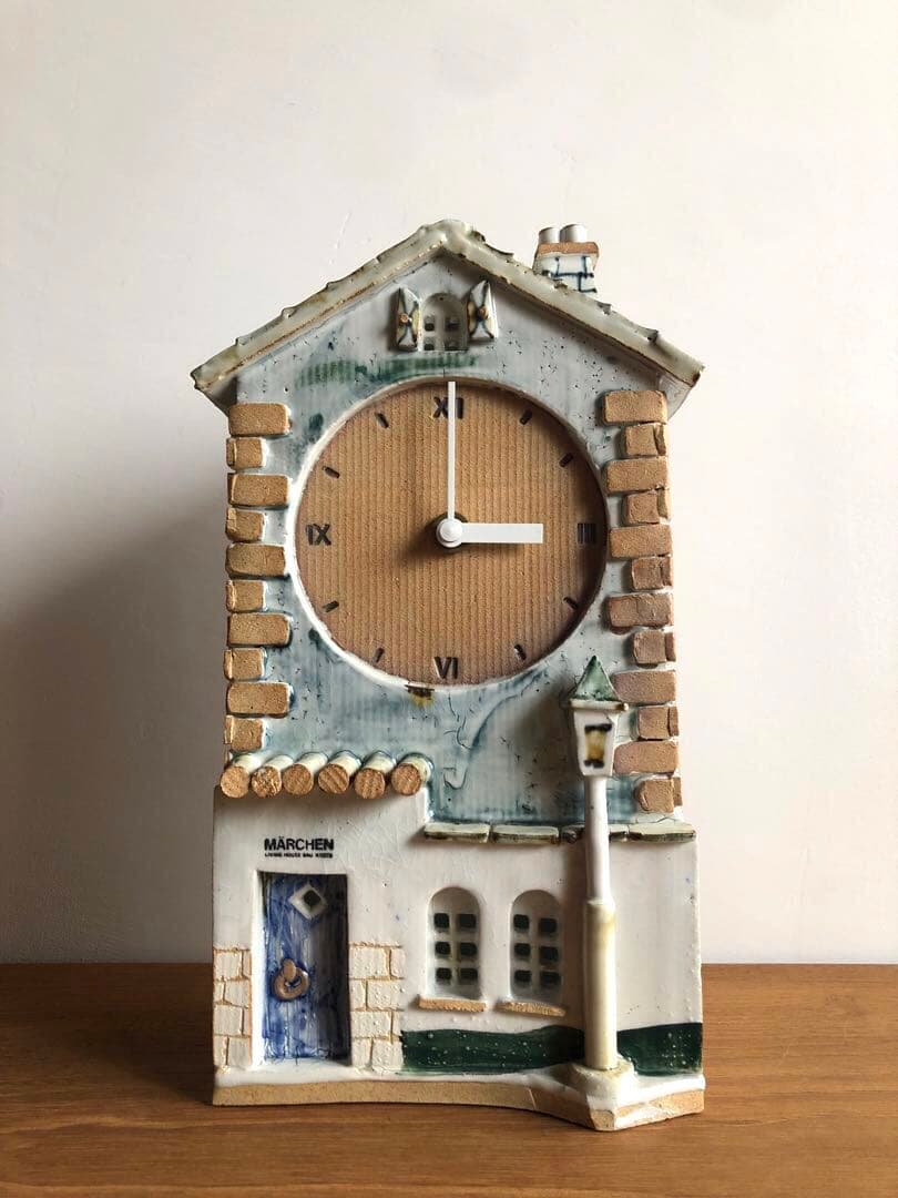 ドイツ ヴィンテージ 北欧雑貨 置き時計 陶器 煙突のある家 作家サイン 動良好