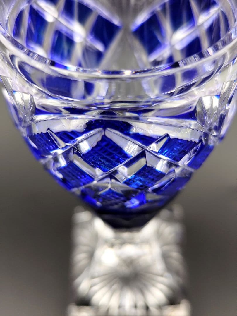 美品☆薩摩切子 脚付杯 瑠璃（切子、江戸切子、薩摩切子）