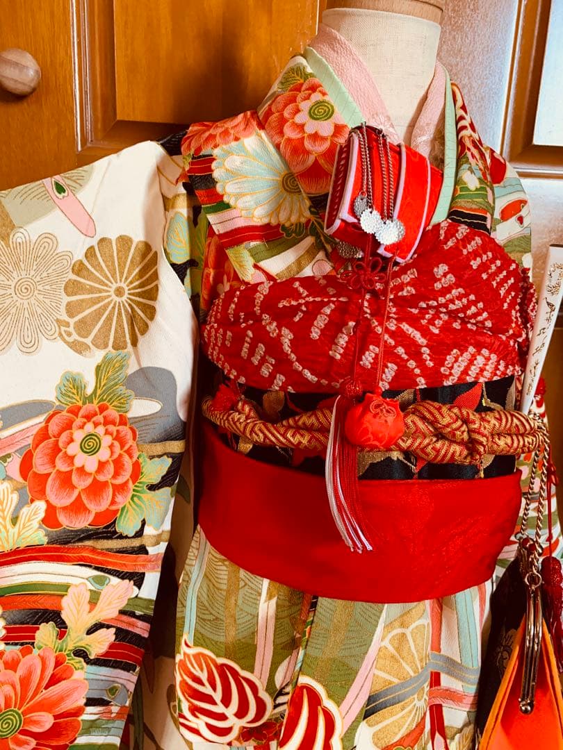 七五三　アンティーク　3歳の女の子の振り袖コーディネート　フルセット