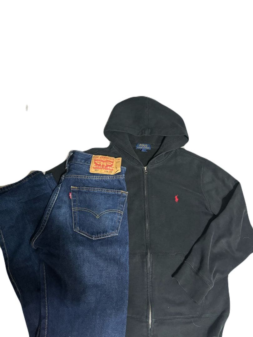 POLO黒ジップパーカー LEVI’S501濃紺デニムのセットメンズxs s相当