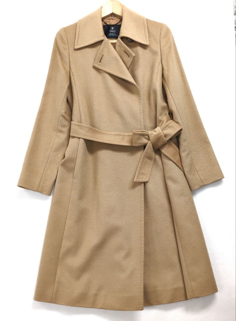【イネド】ロングベルテッドコート カシミヤ100% キャメル ステッチ比翼ボタン